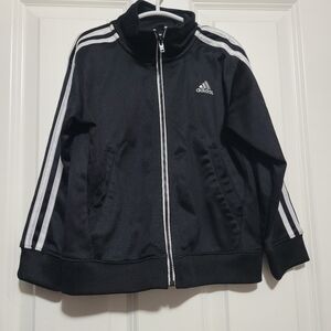 Adidas Black Bomber Jacket with White Stripes and Full Zipper
